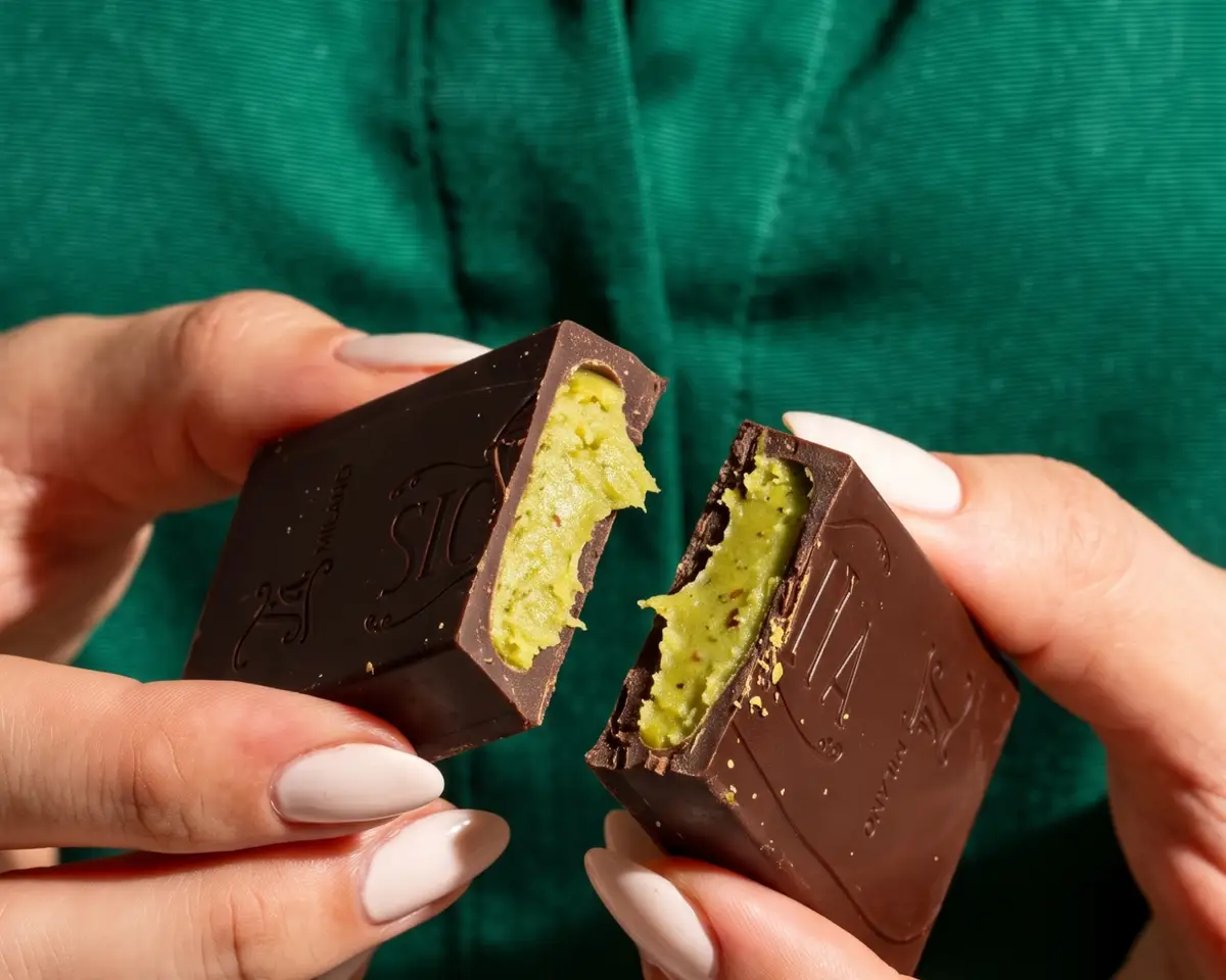 Due mani spezzano un cioccolatino fondente col marchio T'a impresso: dentro, la crema al pistacchio